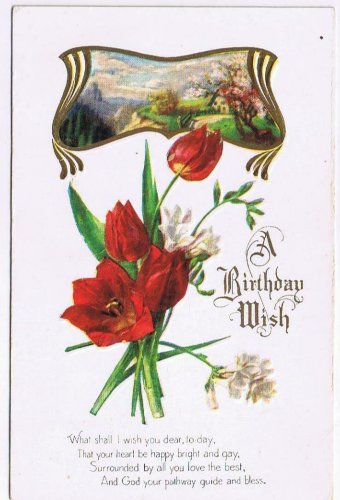 Greeting Postcard Embossed A Birthday Wish Red Flowers Country Scene