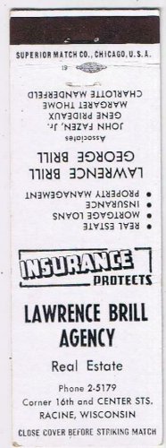 Matchbook Cover Lawrence Brill Agency Insurance George Brill