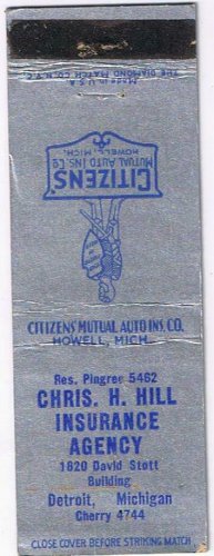 Matchbook Cover Chris H Hill Insurance Agency Detroit Michigan