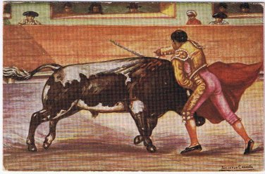 Mexico Postcard Bullfight Artist Signed Salvador Carreno