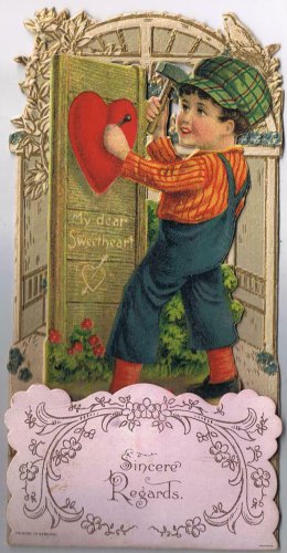 Vintage 3-D Fold Out Germany Valentines Day Card Boy Nailing Heart To Door