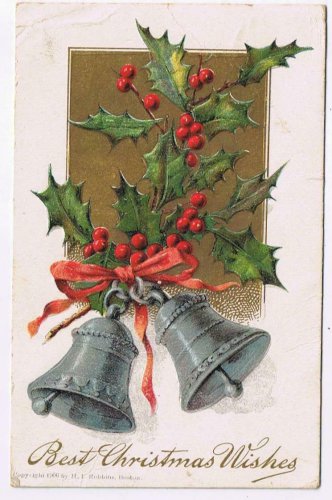 Holiday Postcard Embossed Best Christmas Wishes Mistletoe Bells