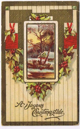 Holiday Postcard Embossed Joyous Christmastide Country Scene