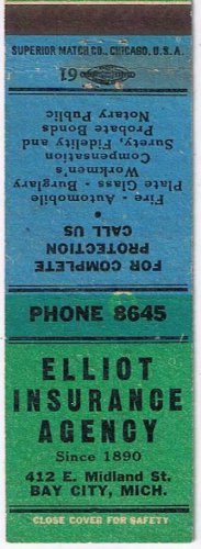 Matchbook Cover Elliot Insurance Agancy Bay City Michigan