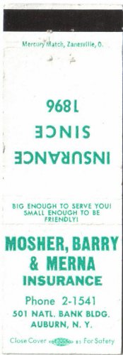New York Matchbook Cover Auburn Mosher Barry & Merna Insurance