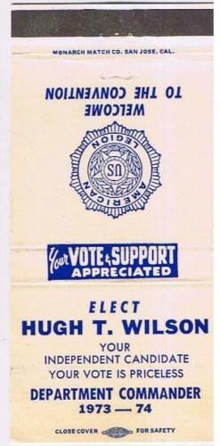 Matchbook Cover American Legion Elect Hugh T Wilson Department Commander 1973-74