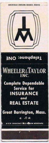 Matchbook Cover Wheeler & Taylor Insurance Real Estate Great Barrington MA
