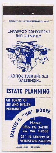 Matchbook Cover Francis G Jim Moore Insurance Winston-Salem Massachusetts