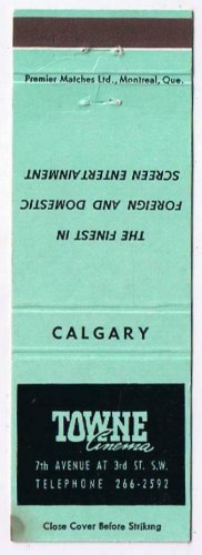 Matchbook Cover Towne Cinema Calgary Alberta Mint Green