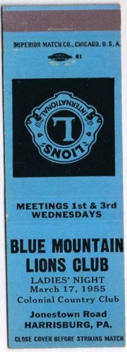 Matchbook Cover Light Blue Blue Mountain Lions Club Harrisburg Pennsylvania