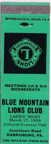 Matchbook Cover Mint Green Blue Mountain Lions Club Harrisburg Pennsylvania