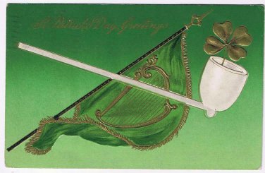 Holiday Postcard Embossed St Patrick's Day Pipe Harp Shamrock 1909