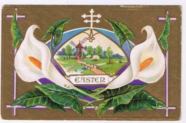 Easter Postcard Embossed Lilies Windmill Scene Early 1900s