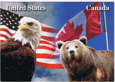 Friendship Postcard USA Canada Eagle Bear Flags