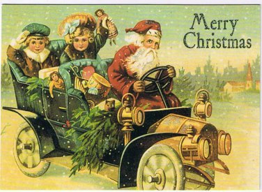 Holiday Postcard Christmas Santa Kids Toys In Car Reproduction