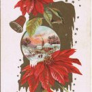 Holiday Postcard Embossed Christmas Greetings Poinsettis Bell Snow Scene