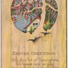Holiday Postcard Easter Greetings House Cherry Blossoms Woodgrain Tree Birds