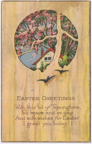 Holiday Postcard Easter Greetings House Cherry Blossoms Woodgrain Tree Birds