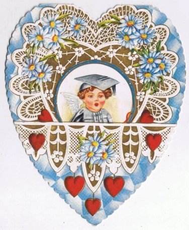 Die Cut Valentine Card Embossed Blue Red Hearts Daisies Boy Beautiful Verse