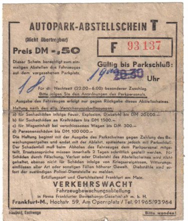 Germany Parking Stub Circa 1950s Tavarin das bekannte Restaurant