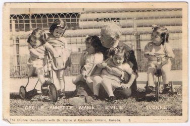 Ontario Postcard Callander The Dionne Quintuplets & Dr Dafoe Tricycles