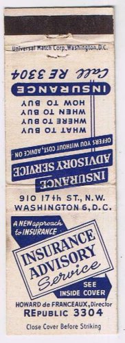 Matchbook Cover Insurance Advisory Service Howard de Franceaux