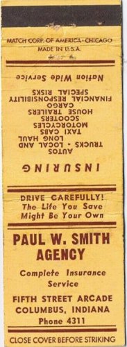 Matchbook Cover Paul W Smith Agency Insurance Columbus Ohio