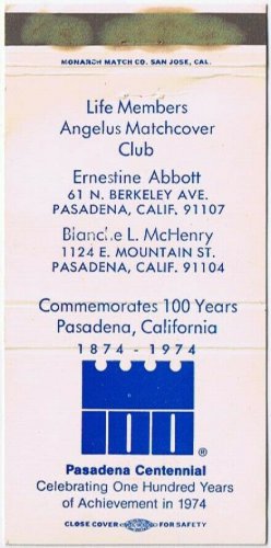 Matchbook Cover Pasadena California 100 Years Ernestine Abbott Blanche McHenry
