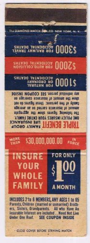 Matchbook Cover Guarantee Reserve Life Insurance Chicago Illinois $1 A Month