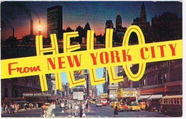 New York Postcard NYC Hello Skyline Night Times Square