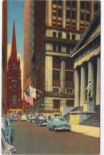 New York Postcard NYC Wall Street Looking Toward Historic Trinity Church