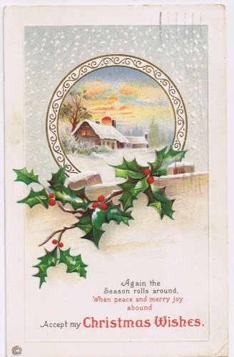 Postcard Embossed Accept My Christmas Wishes Cottage Sunset Mistletoe 1922