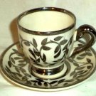 Myott & Sob Demitasse Cup & Saucer White Silver Lustre Leafs & Trim  England