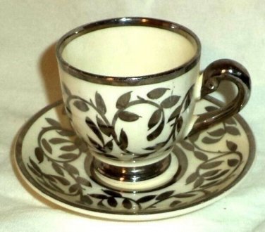 Myott & Sob Demitasse Cup & Saucer White Silver Lustre Leafs & Trim  England