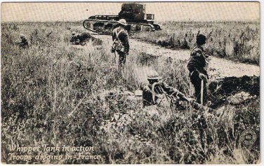 Postcard WWI Whippet Tank In Action Troops Digging In France
