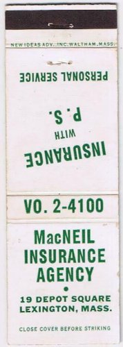 Matchbook Cover MacNeil Insurance Agency Lexington Massachusetts