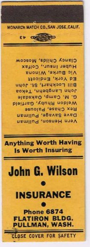 Matchbook Cover John G Wilson Insurance Fullman Washington Flatiron Bldg