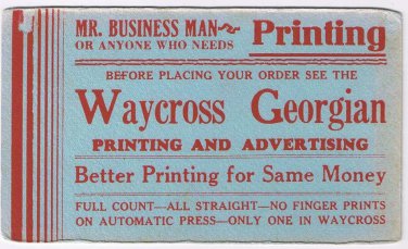 Waycross Georgia Advertising Card Ink Blotter Georgian Printing & Advertising