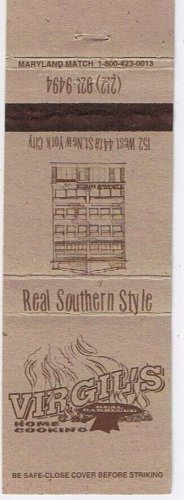 Matchbook Cover Virgil's Home Cooking New York City