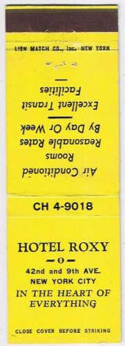 Matchbook Cover Hotel Roxy New York City NY