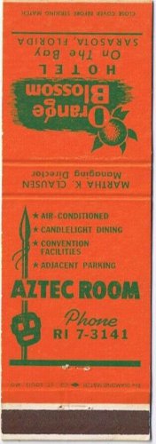 Matchbook Cover Orange Blossom Hotel Aztec Room Sarasota Florida