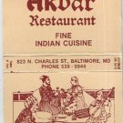 Matchbox Cover Akbar Restaurant Indian Cuisine Baltimore Maryland