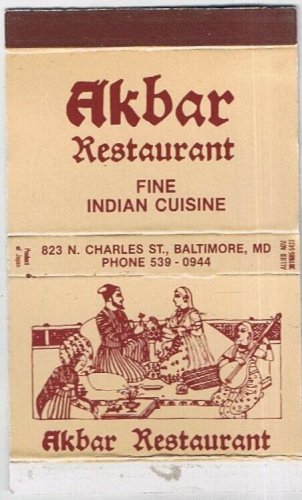 Matchbox Cover Akbar Restaurant Indian Cuisine Baltimore Maryland