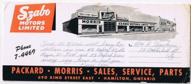 Hamilton Ontario Advertising Card Ink Blotter Szabo Motors Packard Morris