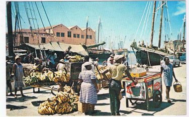 Barbados Caribbean Island Postcard Bridgetown Unloading Fruit Bananas Schooner