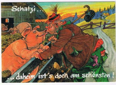 Germany Postcard Drunk Kissing Pig Schatzi daheim ist's doch am schonsten