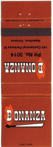Ontario Matchbook Cover Hamilton Bonanza Steak House Pit No. 3014