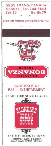 Quebec Matchbook Cover Montreal Bonanza Tavern Klondike Steak House