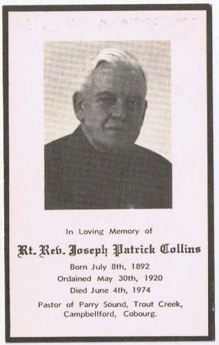 Prayer Card Rev Joseph Collins 1892-1974 Parry Sound Trout Creek Cambellford