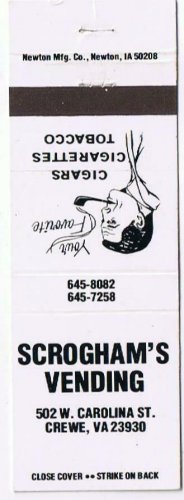 Matchbook Cover Schrogham's Vending Crewe Virginia Cigars Cigarettes Tobacco